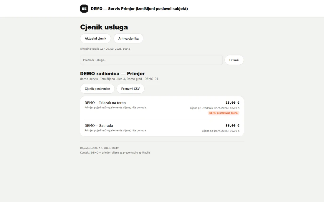 Javni cjenik s aktualnom i referentnom cijenom